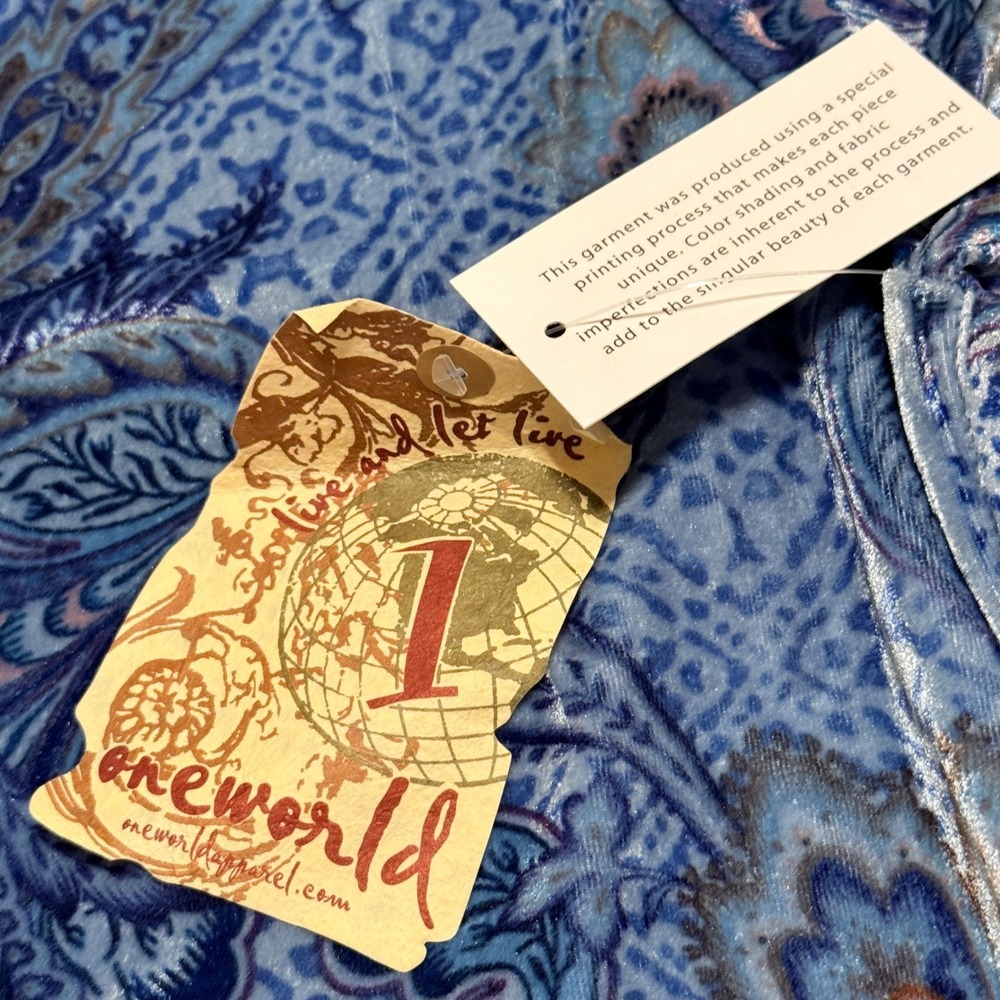 One World Blue Paisley Velvet Sheer Embellished Asymmetric Top XL NWT Boho Fairy - Picture 3 of 16